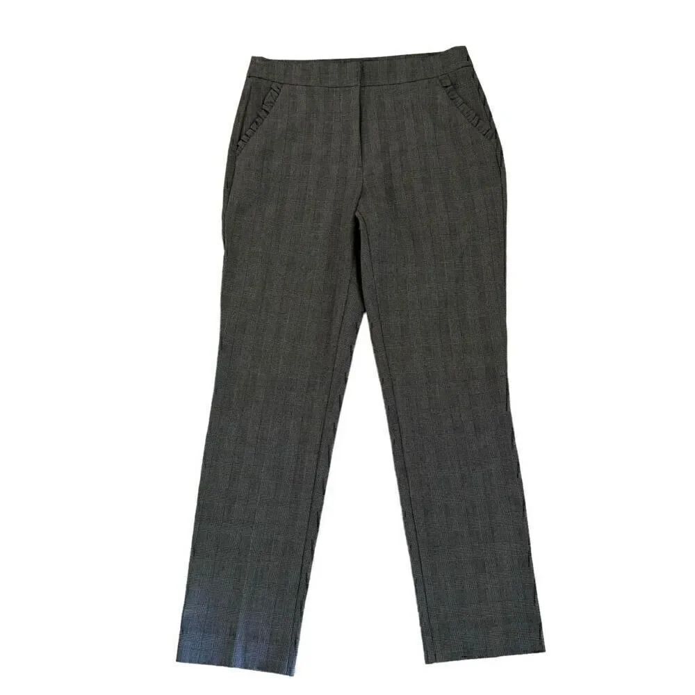 Zara Basic Gray Plaid Ruffle Pockets High Waist Straight Leg Pants SZ S #2010